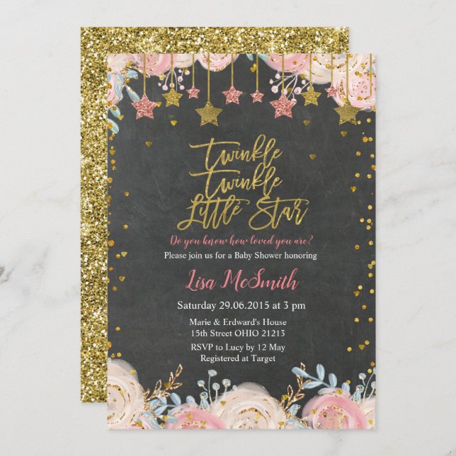 Invitación Chicas Gold Twinkle Little Star Baby Shower (Anverso / Reverso)