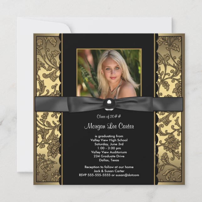 Invitación Chicas Graduación de fotografías en negro y oro (Anverso)