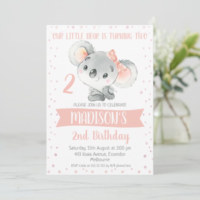 Invitación Chicas Gris Rosado Koala Invitan a Cumpleaños (Anverso de pie)
