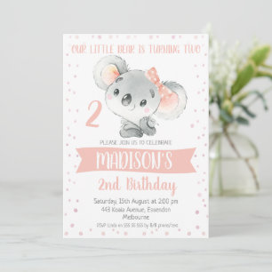 Invitación Chicas Gris Rosado Koala Invitan a Cumpleaños