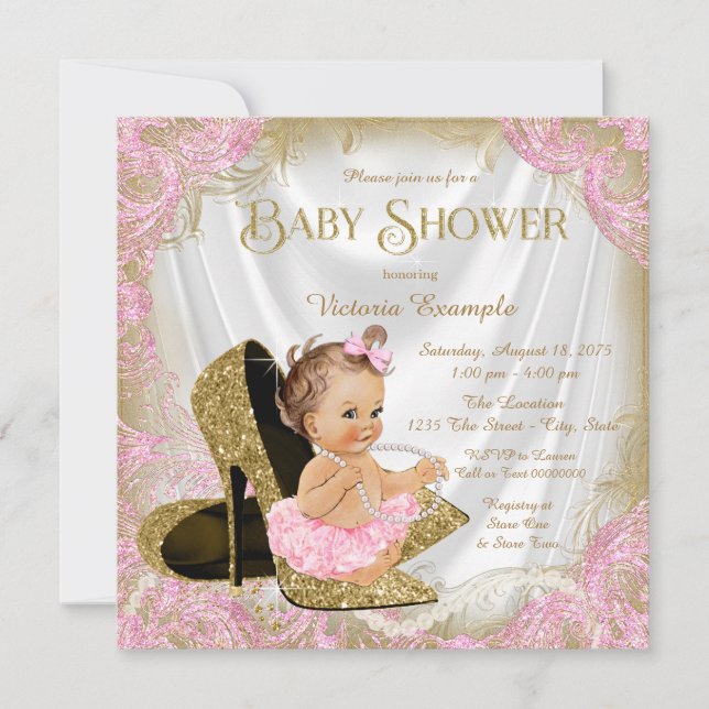 Invitación Chicas High Heel Shoe Pearl Baby Shower (Anverso)