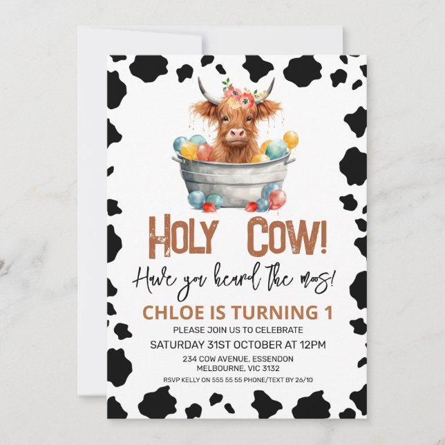 Invitación Chicas Highland Cow Bucket Cow Imprimir primer cum (Anverso)