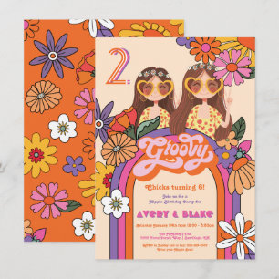 Invitación Chicas Hippies Retro Cumpleaños Groovy 70's 60's G