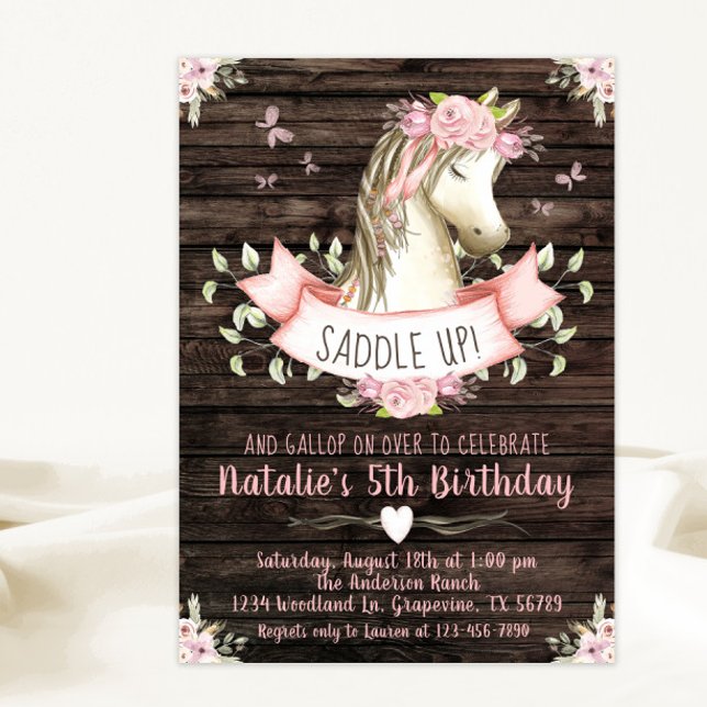 Invitación Chicas Horse Rustic Wood Pink Floral Birday Party (Cute rustic watercolor pony any number birthday party invitation. Simply add your event details.)
