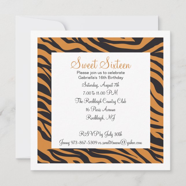 Invitación Chicas impresos tigres invitan a cumplir dieciséis (Anverso)