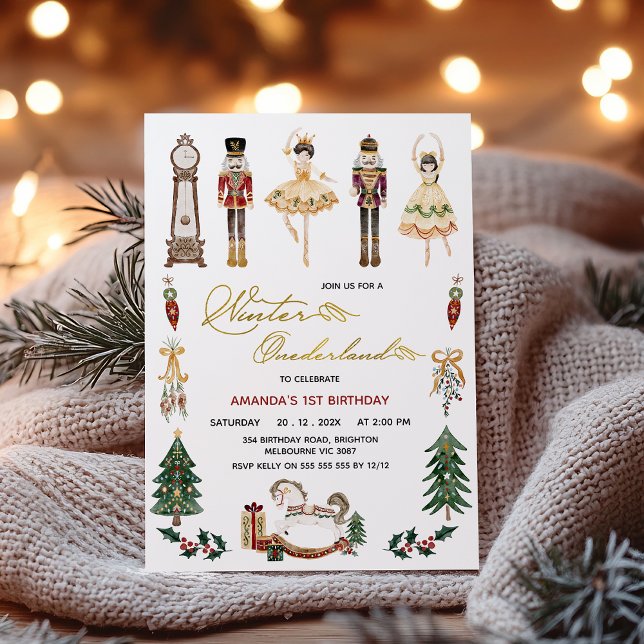 Invitación Chicas Invierno Onederland Nutcracker Primer cumpl (Nutcracker Winter Onederland 1st Birthday Invitation, Winter Onederland Nutcracker Ballet Birthday )