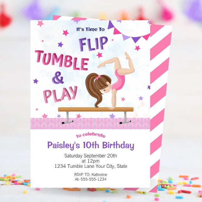 Invitación Chicas invitan a la fiesta de cumpleaños de la gim (Girls Flip Tumble & Play Gymnastics Birthday Party Invitation)