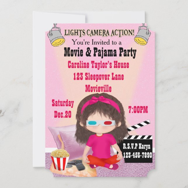 Invitación Chicas invitan a película y Fiesta Pajama (Anverso)