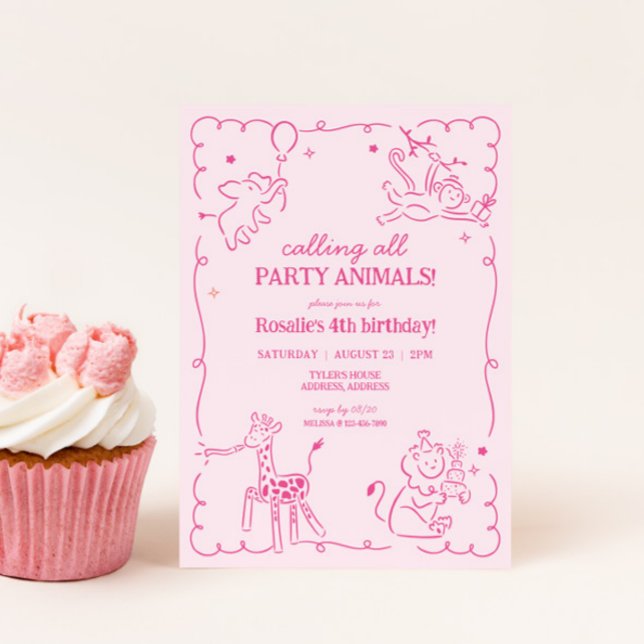 Invitación Chicas Jungle Zoo Safari Animales Cumpleaños (Girls Party Animal Whimsical Birthday Invite)