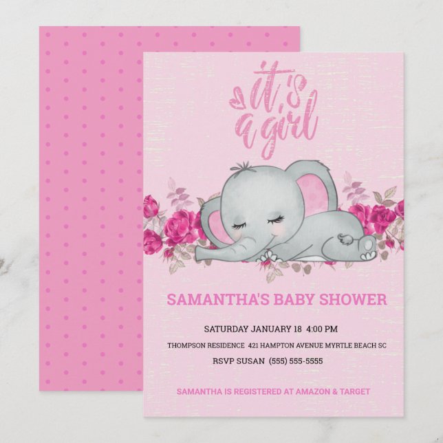 Invitación Chicas lindos bebé elefante durmiendo rosa floral (Anverso / Reverso)