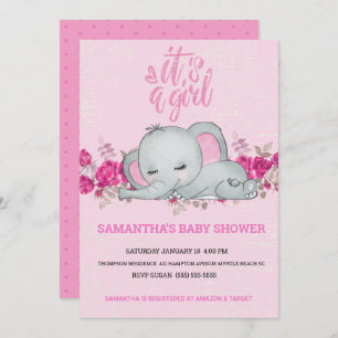 Invitación Chicas lindos bebé elefante durmiendo rosa floral