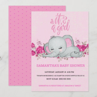 Invitación Chicas lindos bebé elefante durmiendo rosa floral