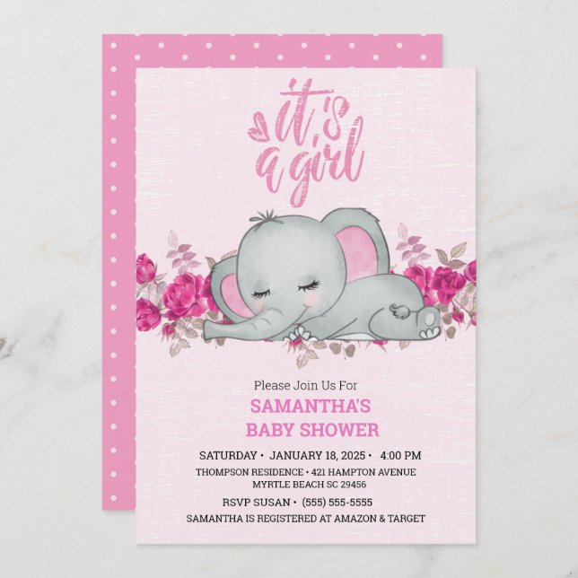 Invitación Chicas lindos bebé elefante durmiendo rosa floral (Anverso / Reverso)
