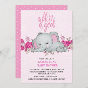 Invitación Chicas lindos bebé elefante durmiendo rosa floral