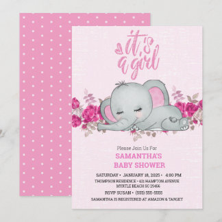 Invitación Chicas lindos bebé elefante durmiendo rosa floral