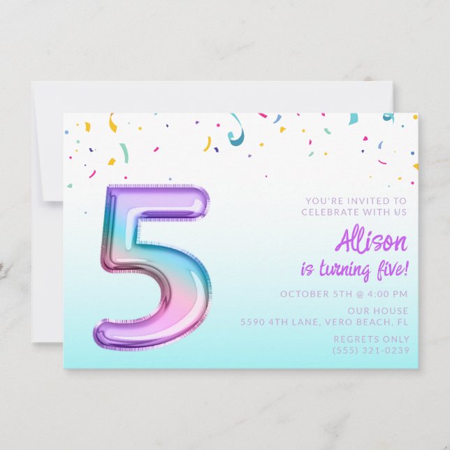 Invitación Chicas lindos Fiesta de globos de quinto cumpleaño (Anverso)