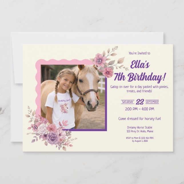 Invitación Chicas Lindos Ponis Floral Pastel Foto Caballo (Anverso)
