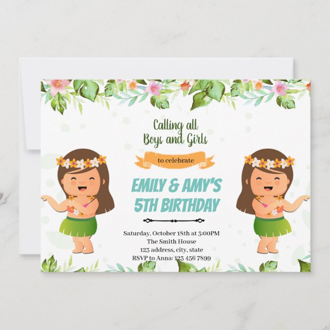 Invitación Chicas Luau o cumpleaños conjunto de gemelos (Anverso)