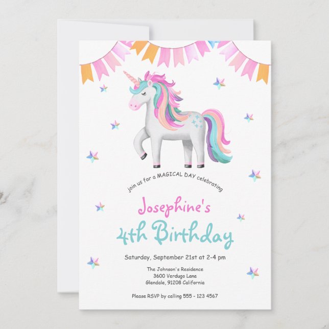 Invitación Chicas Magical Unicornio 4º Fiesta de cumpleaños (Anverso)