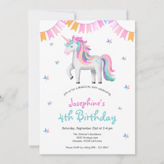 Invitación Chicas Magical Unicornio 4º Fiesta de cumpleaños