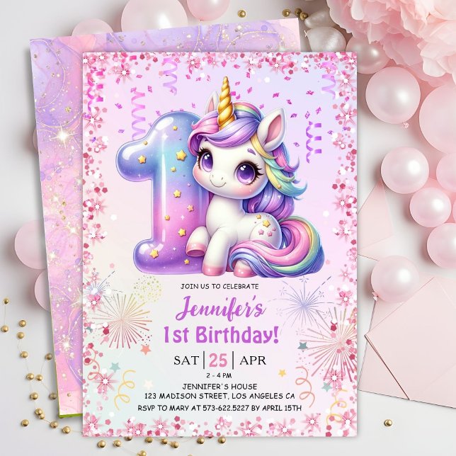 Invitación Chicas Magical Unicornio Primer Fiesta de cumpleañ (Subido por el creador)