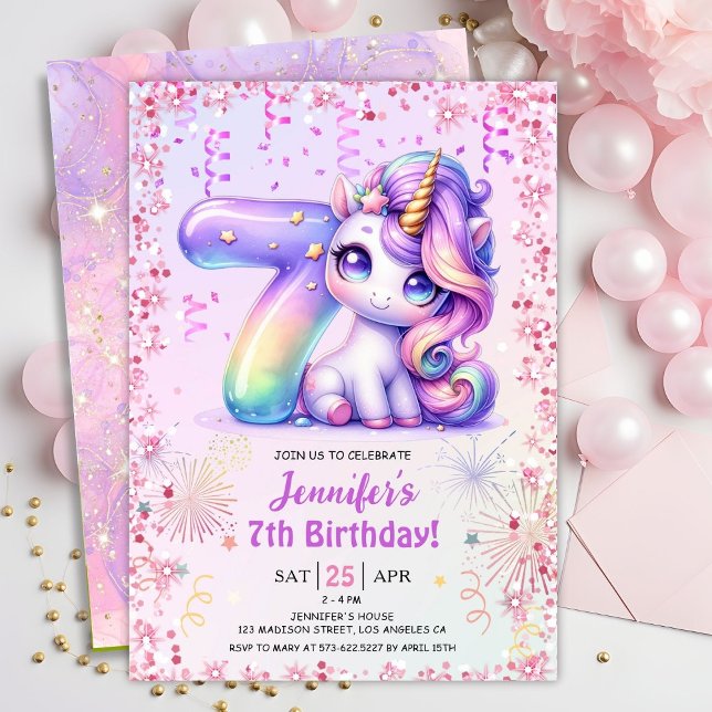Invitación Chicas Magical Unicornio Séptimo Fiesta de Cumplea (Subido por el creador)