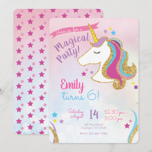 Invitación Chicas mágicos Fiestas Purpurina Unicorn Cumpleaño