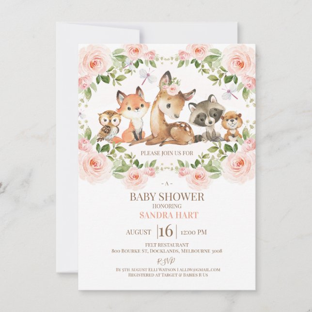 Invitación Chicas marco floral Woodland Baby Shower (Anverso)