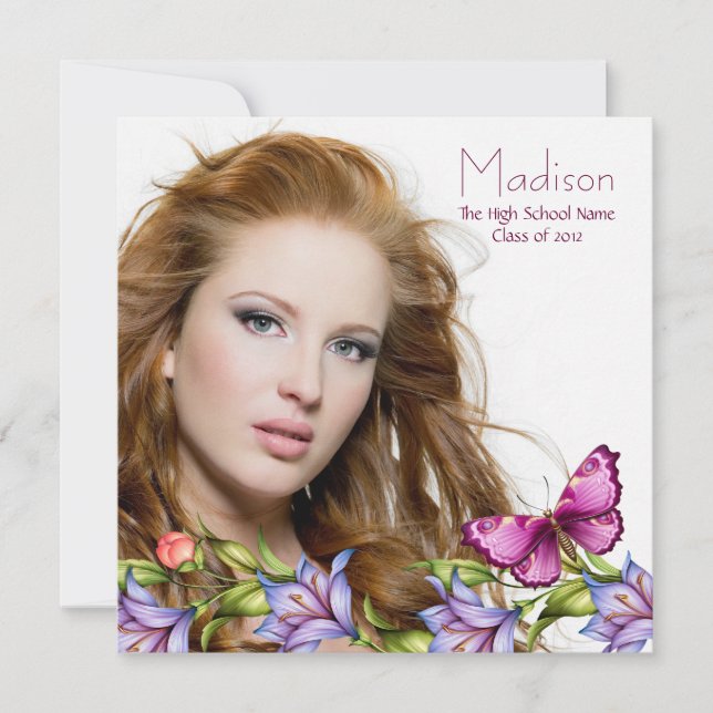 Invitación Chicas Mariposa Rosa Flores Silvestres Graduación  (Anverso)