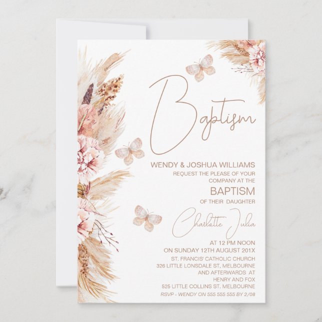 Invitación Chicas Mariposas Florales De Boho Rosa Bautismo (Anverso)