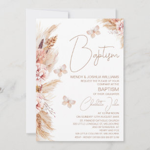 Invitación Chicas Mariposas Florales De Boho Rosa Bautismo