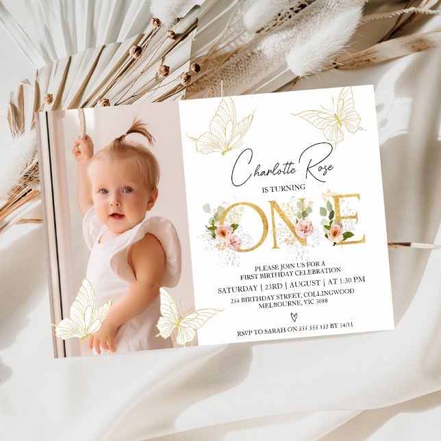 Invitación Chicas Mariposas Rosa Doradas Floral Primer cumple (Butterflies Floral 1st Birthday Invitation Girl, Gold Word Pink Floral, Gold Butterflies, First)