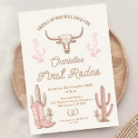 Invitación Chicas marrones rosados por primera vez rodeo prim<br><div class="desc">Chicas marrones rosados primer rodeo primer cumpleaños Invitación dulces chicas de color rosa y marrón estilo vintage primera invitación de rodeo de cumpleaños con una vaca de cuerno larga, bota de vaquera y cactus. Esta invitación occidental o occidental para el primer cumpleaños de una niña es ideal para los chicas...</div>