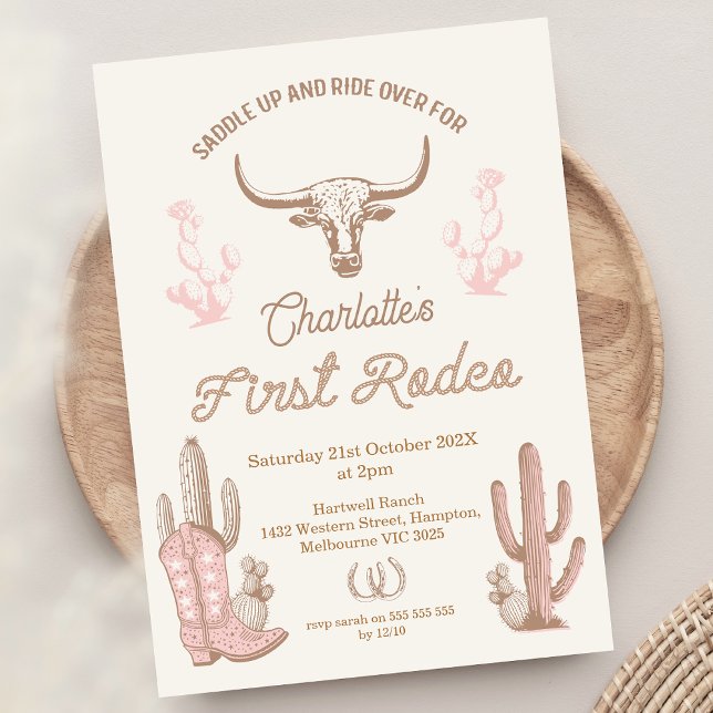 Invitación Chicas marrones rosados por primera vez rodeo prim (Pink Brown First Rodeo 1st Birthday Invitation, Vintage First Rodeo Birthday Invite Girl, Wild West)