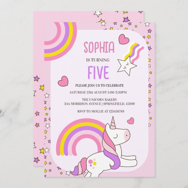 Invitación Chicas matan a niños de Unicornio rosado en quinto (Anverso / Reverso)