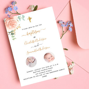 Invitación Chicas mellizos de bautismo foto floral blanca