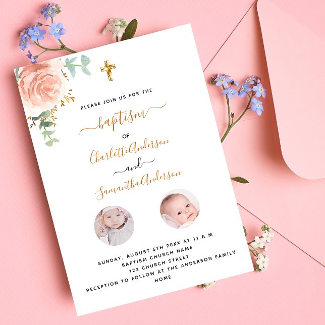 Invitación Chicas mellizos de bautismo foto floral blanca (Subido por el creador)