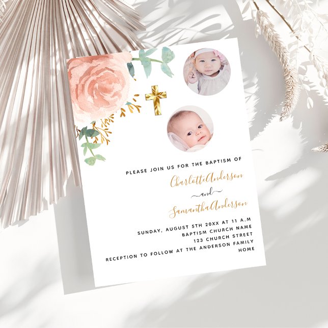 Invitación Chicas mellizos de bautismo rosa oro floral foto l (Subido por el creador)