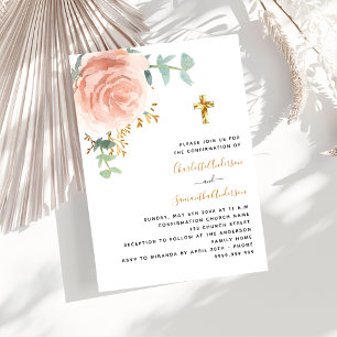 Invitación Chicas mellizos de confirmación rosa cruz floral d