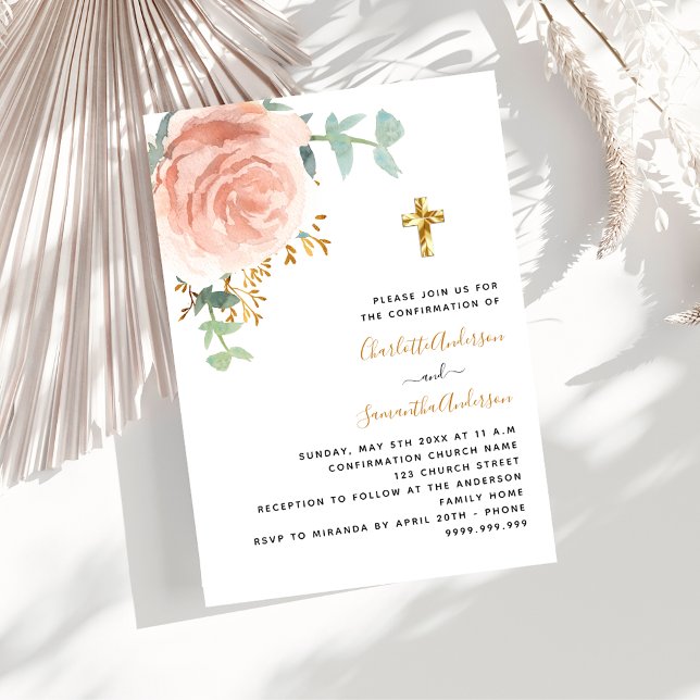 Invitación Chicas mellizos de confirmación rosa cruz floral d (Subido por el creador)