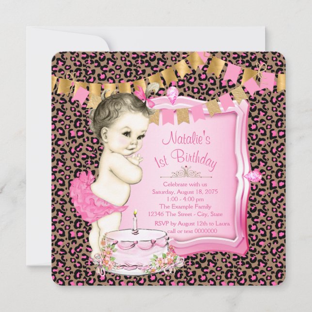 Invitación Chicas Moda Leopardo Rosa Primer cumpleaños (Anverso)
