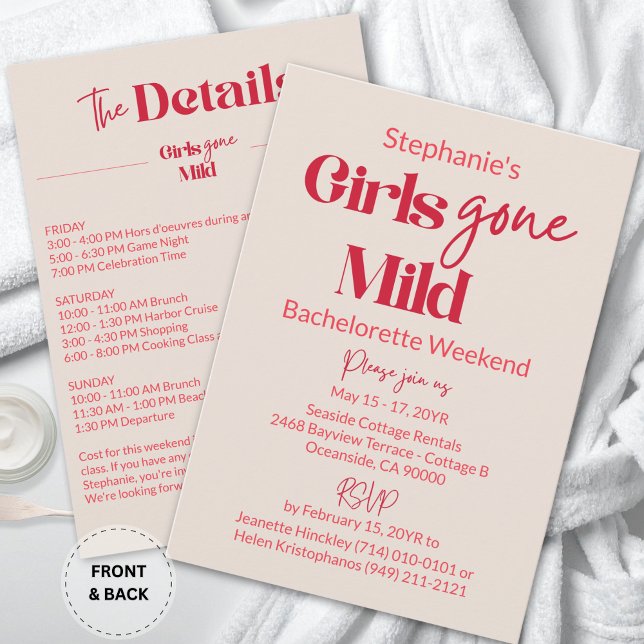 Invitación Chicas Moderadas Fin de semana de playa para solte (Custom Modern Ruby Red Typography Girls Gone Mild Bachelorette Weekend Invitation)