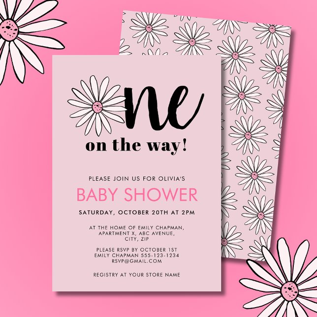 Invitación Chicas modernos Baby Shower Daisy Floral (Modern pink girls baby shower invitations. Floral daisy One on the way design.)