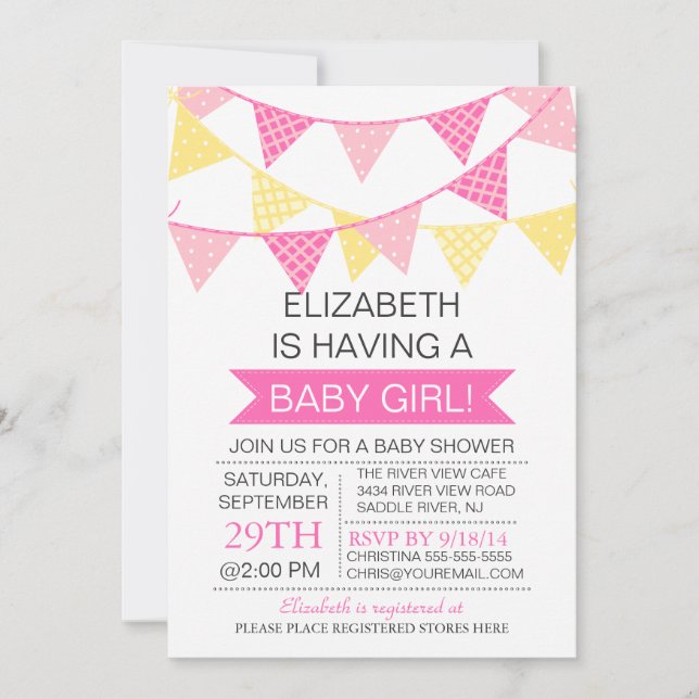 Invitación Chicas modernos de Bunting rosado Baby Shower (Anverso)