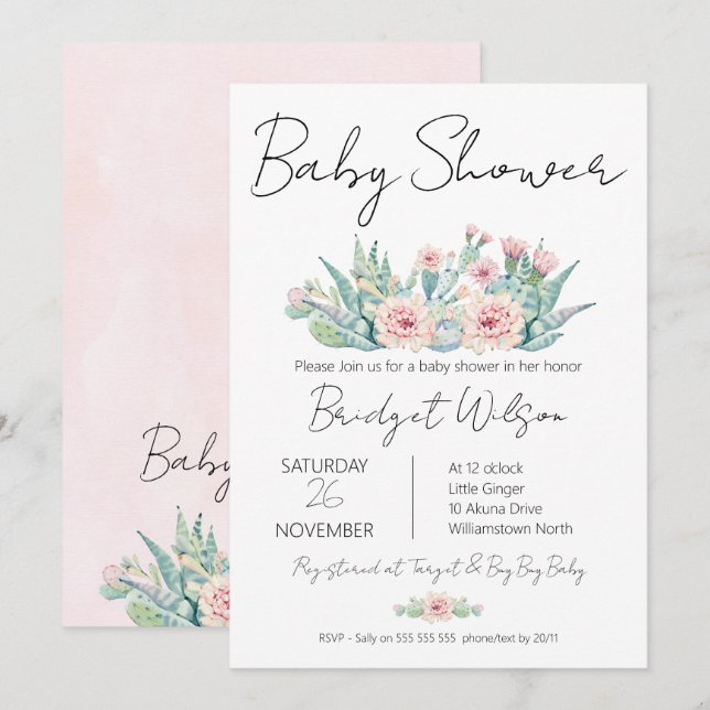 Invitación Chicas modernos Floral Cactus Fiesta Baby Shower (Anverso / Reverso)