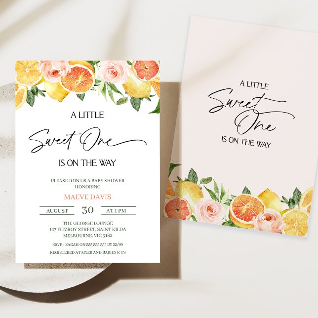 Invitación Chicas modernos Floral Citrus Sweet One Baby Showe (Little Sweet One Baby Shower Invitation, Floral Citrus Baby Shower Invitation Girl, Lemons Oranges)