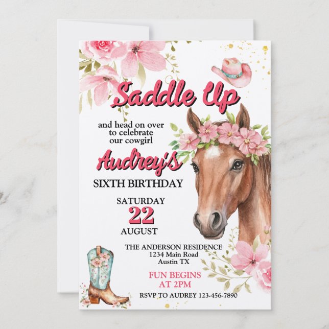 Invitación Chicas Montar Cumpleaños Occidental (Anverso)