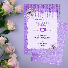 Invitación Chicas Morado Purpurina Floral 10 cumpleaños