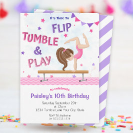 Invitación Chicas Morado Tumblando Gimnasia Partido Cumpleaño