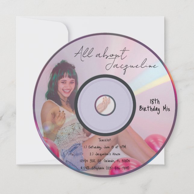 Invitación Chicas Música Rosa Retro CD Cumpleaños (Anverso)